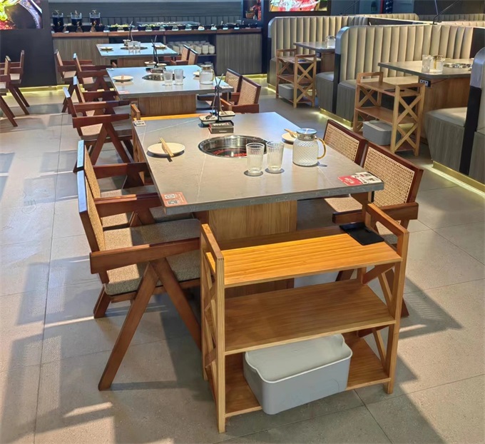 火锅店岩板下沉式电磁炉火锅桌椅