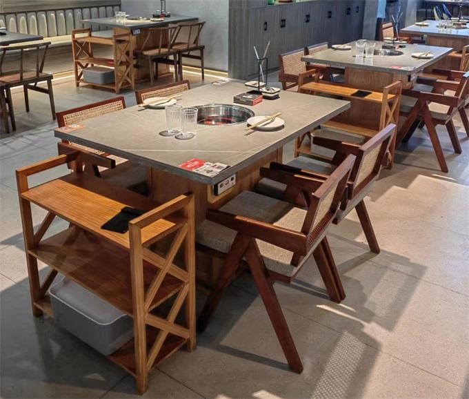 火锅店岩板下沉式电磁炉火锅桌椅