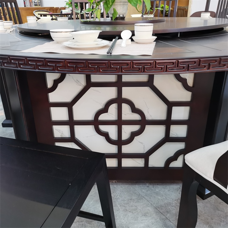 别墅新中式仿古实木电动静音圆餐桌