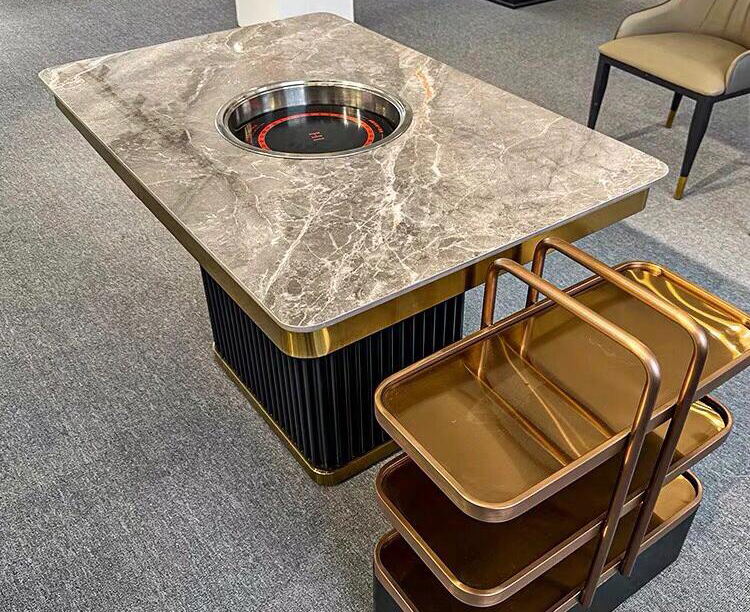火锅店时尚轻奢大理石岩板下沉式电磁炉火锅桌