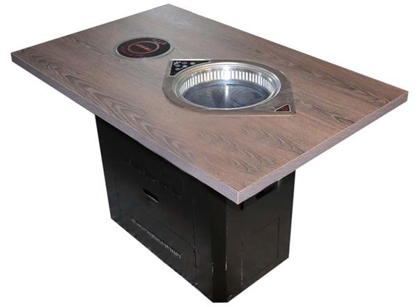 实木方形花纹桌面 黑色方桶脚 电磁炉餐桌 烤涮锅一体火锅桌