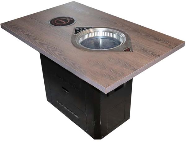 实木方形花纹桌面 黑色方桶脚 电磁炉餐桌 烤涮锅一体火锅桌