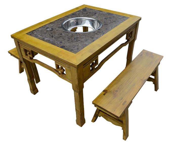 长方形款式复古雕花大理石实木火锅桌椅子电磁炉一体煤气灶餐桌组合