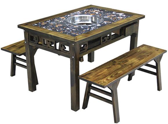 碳化实木仿古柜式大理石火锅桌椅茶青色做旧八