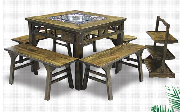 碳化实木仿古柜式大理石火锅桌椅茶青色做旧八仙桌款式2