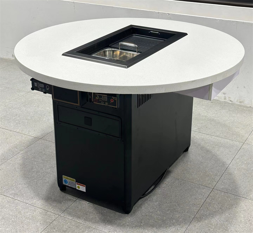 自助火锅烧烤店圆形大理石无烟火锅烤涮一体桌