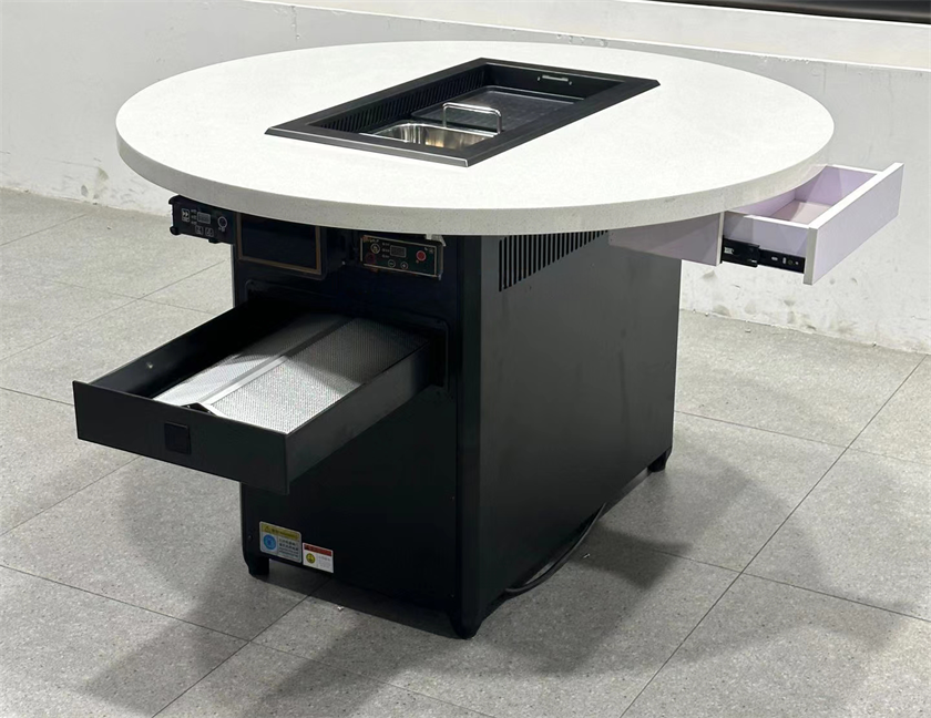 自助火锅烧烤店圆形大理石无烟火锅烤涮一体桌